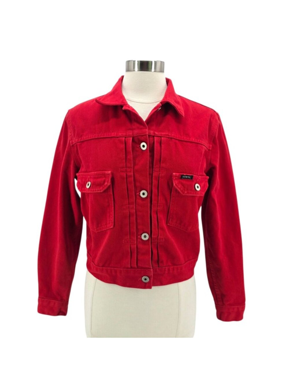 Vintage Guess Jeans Womens Medium Jacket Denim Red Cropped Pockets 1990s Retro
